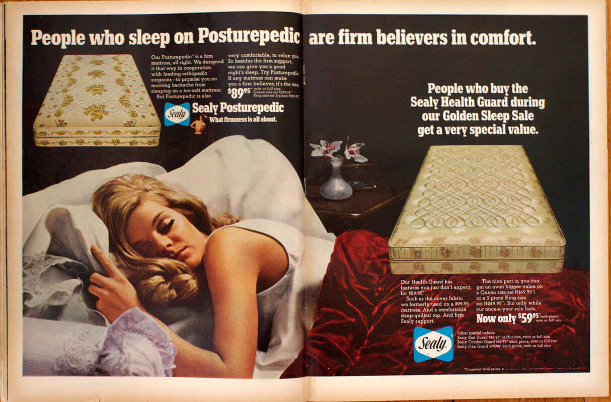 An advertisement decades old for Sealy Mattresses.